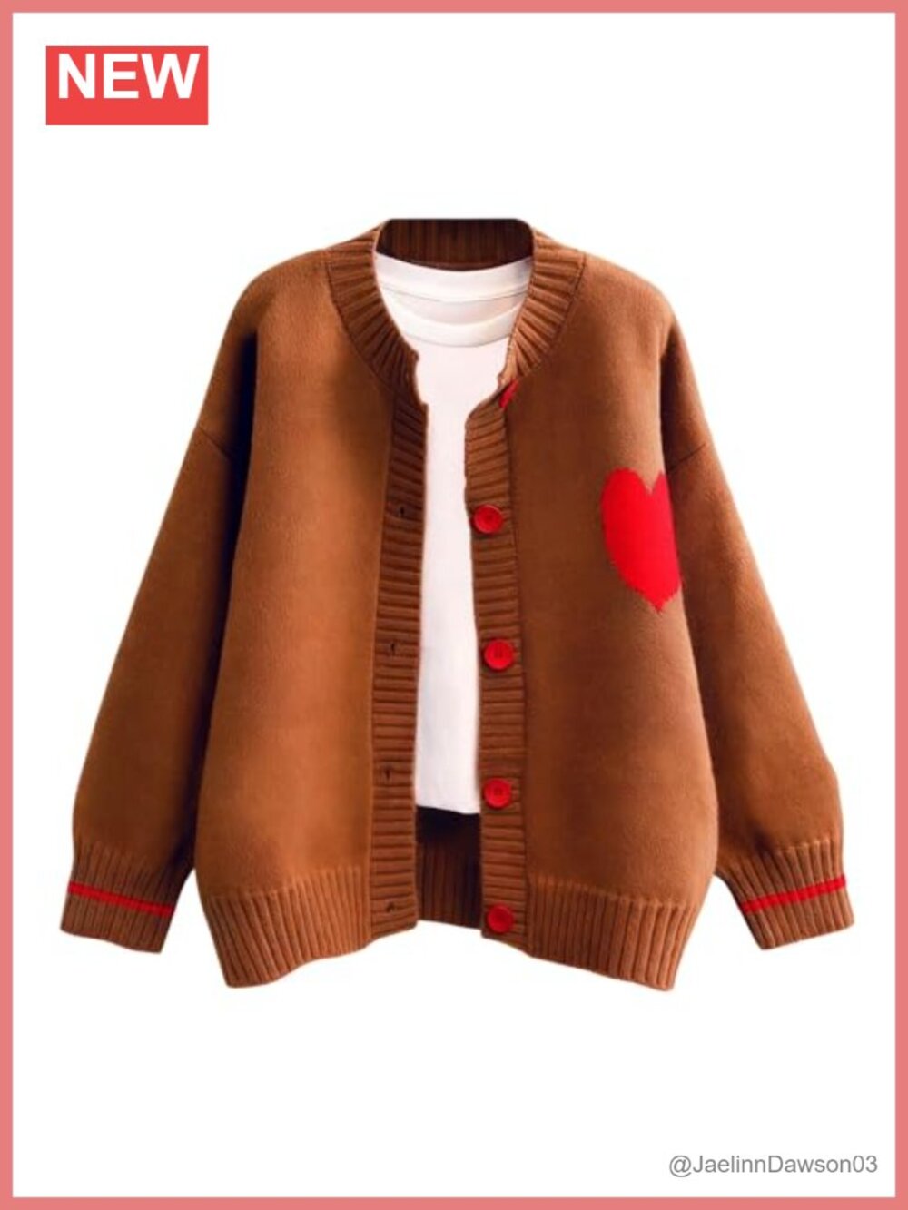 Heart Print Knit Cardigan Button Down Long Sleeve Crew Neck